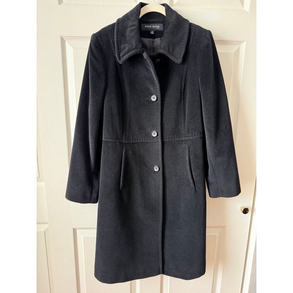Anne Klein Black Wool Angora Blend Coat Womens Size 10 Quiet Luxury Old Money